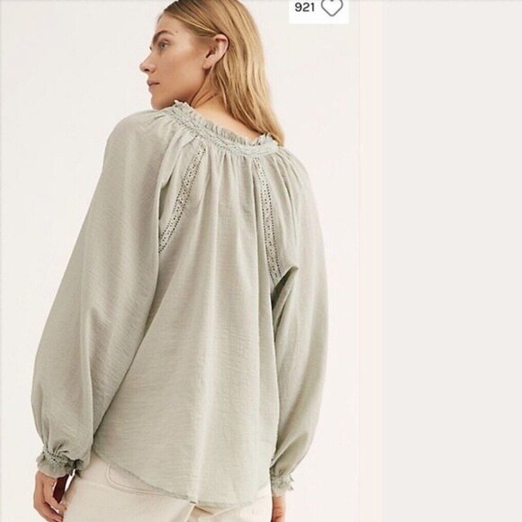Free People Sivan Embroidered Top Green Puff Sleeve Blouse with Ruffled Small - Picture 4 of 16